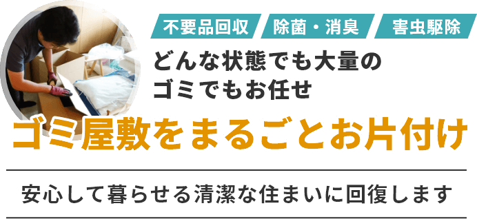 不用品回収・除菌・消臭・害虫駆除など、どんな状態でも大量のゴミでもお任せ！ゴミ屋敷をまるごとお片付けいたします。安心して暮らせる清潔な住まいに回復します。